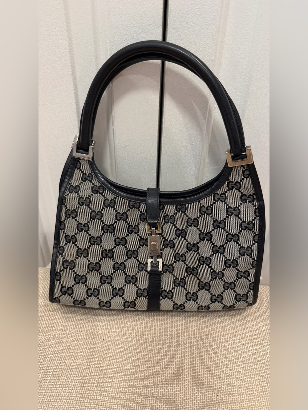 Vintage GUCCI Bardot Shoulder Bag Purse Leather & Canvas Black